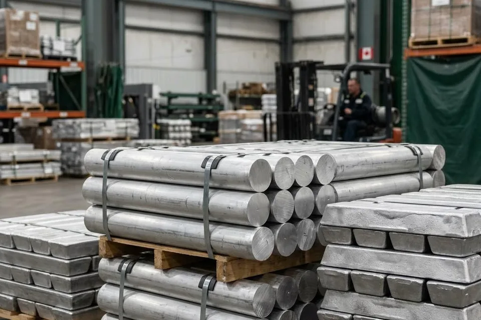 Illustration of silver aluminum billets and cast ingots stacked in an industrial warehouse
