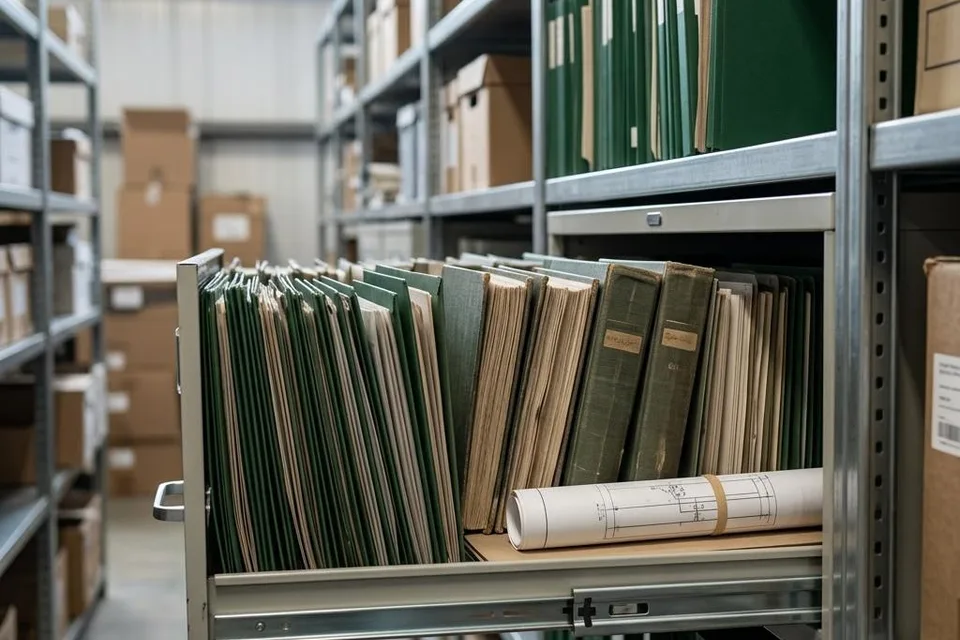 Illustration of organized shipment-record binders and customs documentation in an archive
