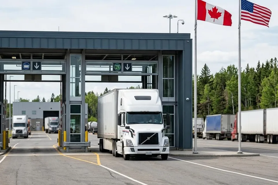 Illustration of commercial freight trucks approaching a Canada–U.S. border inspection canopy