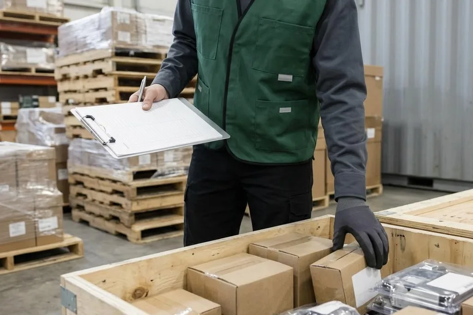 Illustration of a freight inspector checking packaged industrial parts against a shipment checklist
