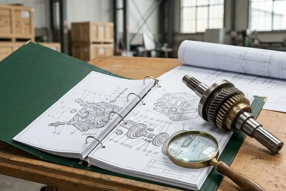 Illustration of an industrial gearbox component beside its technical classification documentation