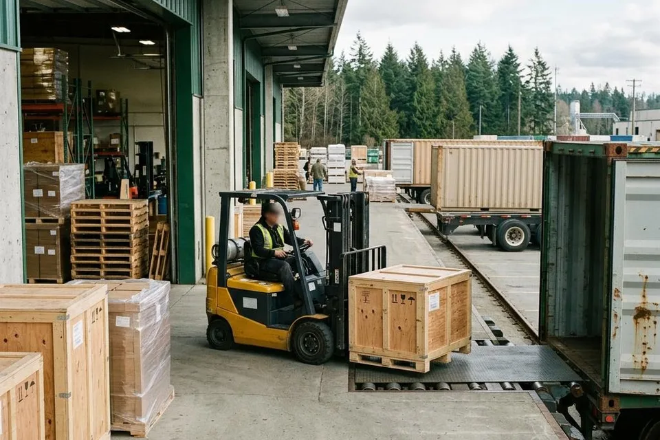 Illustration of wooden export crates and wrapped pallets being dispatched into a freight container