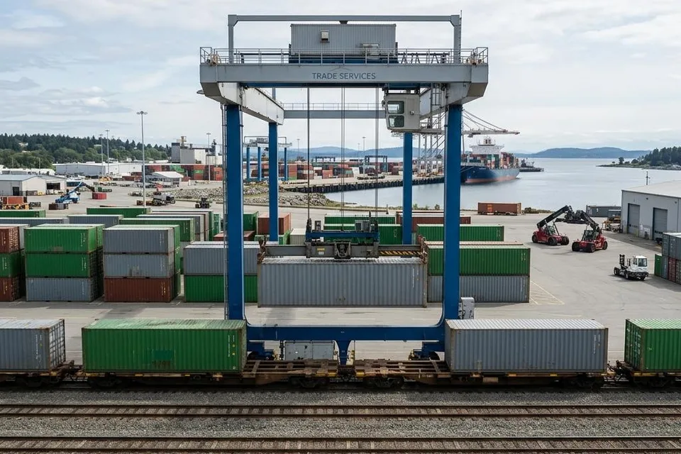 Illustration of shipping containers being transferred between a freight train and an intermodal terminal
