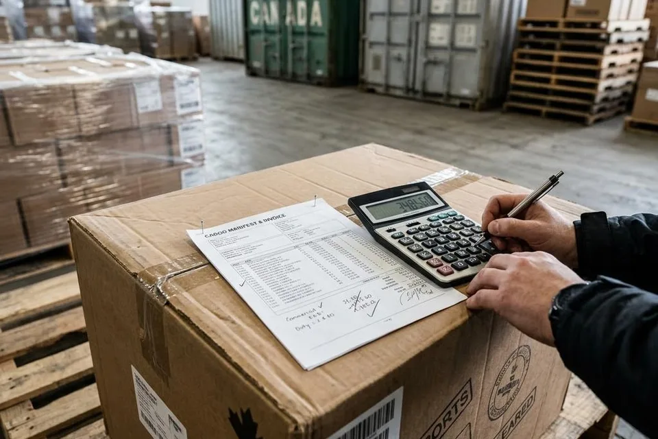 Illustration of a calculator and shipping invoice used to assess import costs beside palletized cargo